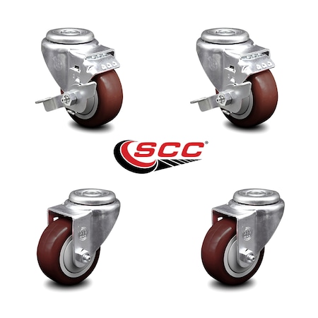 Service Caster 3.5 Inch Maroon Polyurethane Wheel Swivel Bolt Hole Caster Set with 2 Brake SCC SCC-BH20S3514-PPUB-MRN-TLB-2-S-2